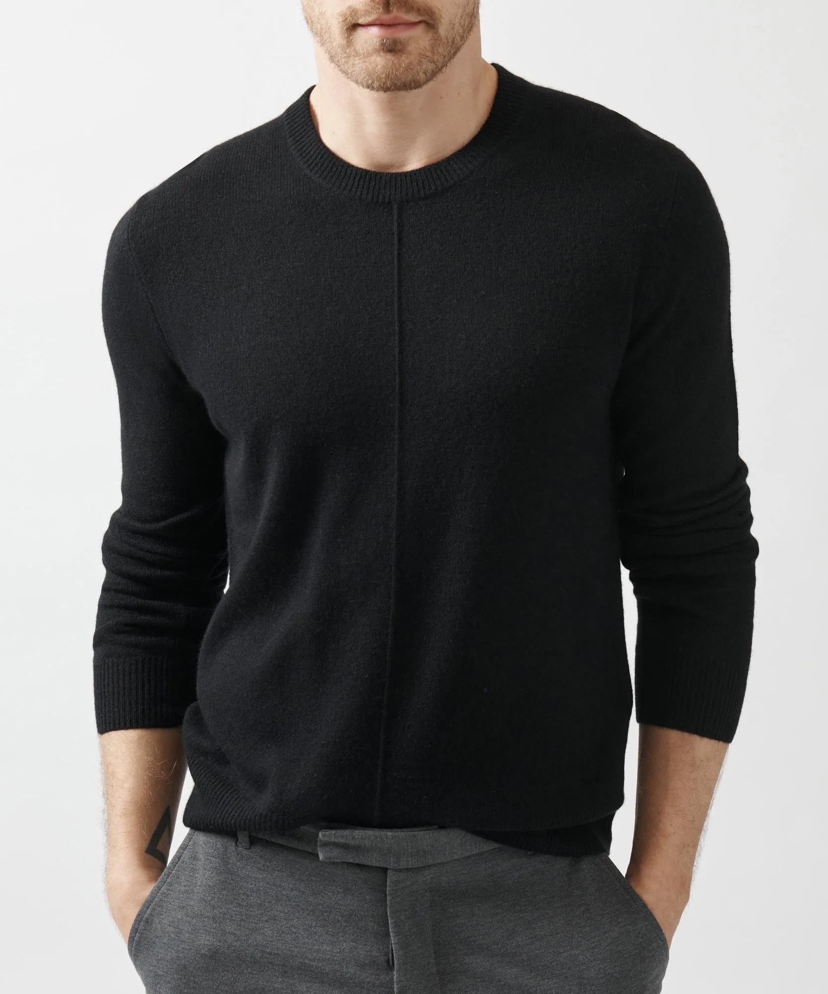 Recycled Cashmere Exposed Seam Crew Neck Sweater - Black