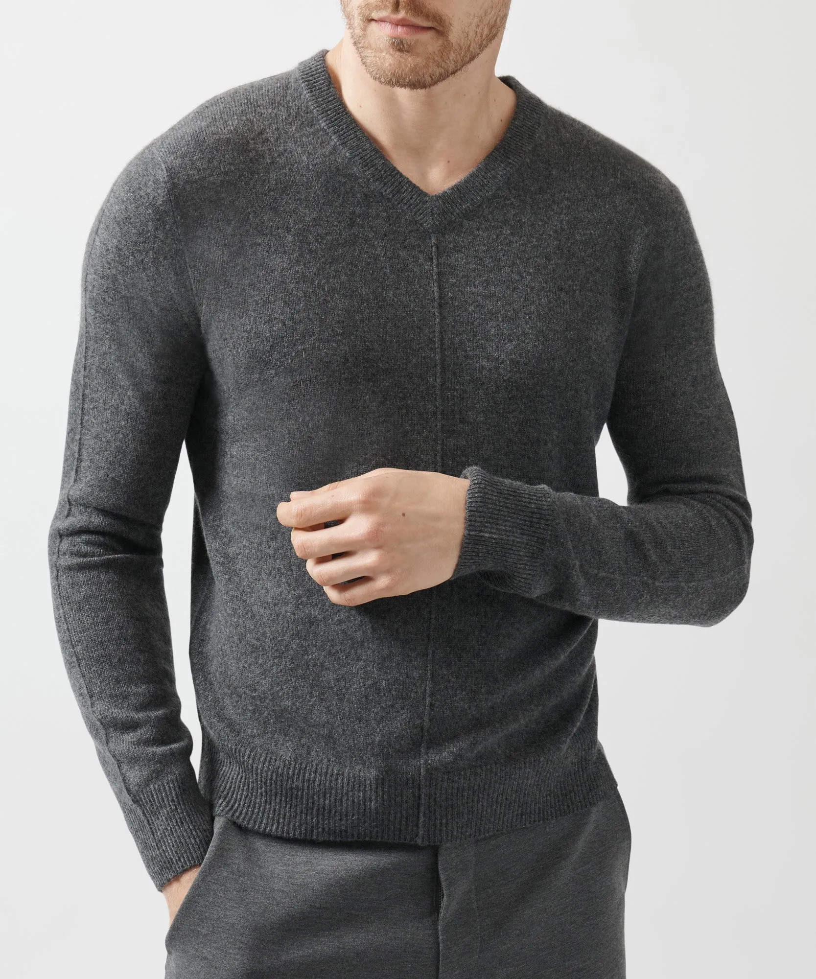 Recycled Cashmere Exposed Seam V-Neck Sweater - Heather Charcoal