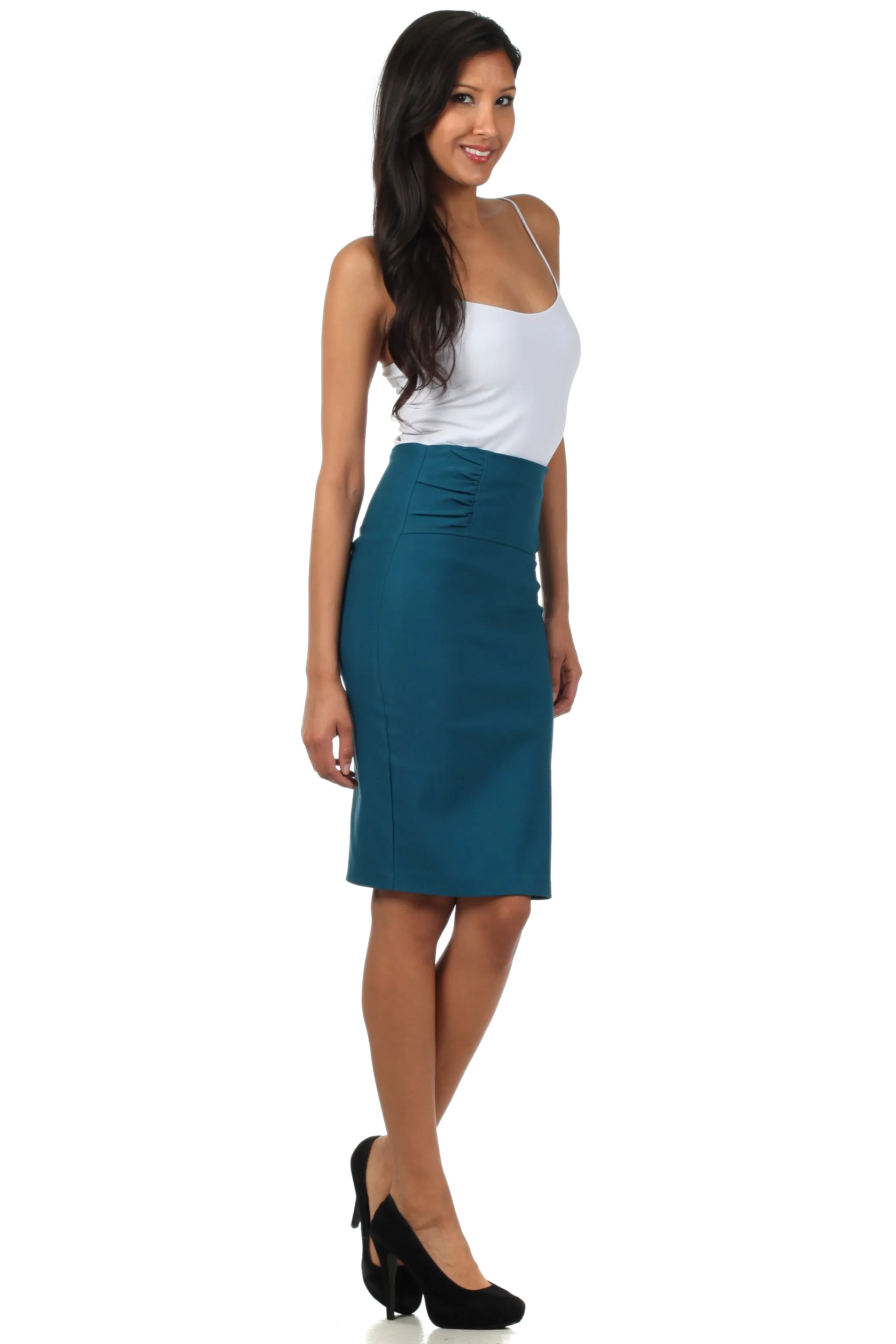 Sakkas Petite High Waist Stretch Pencil Skirt with Shirred Waist Detail