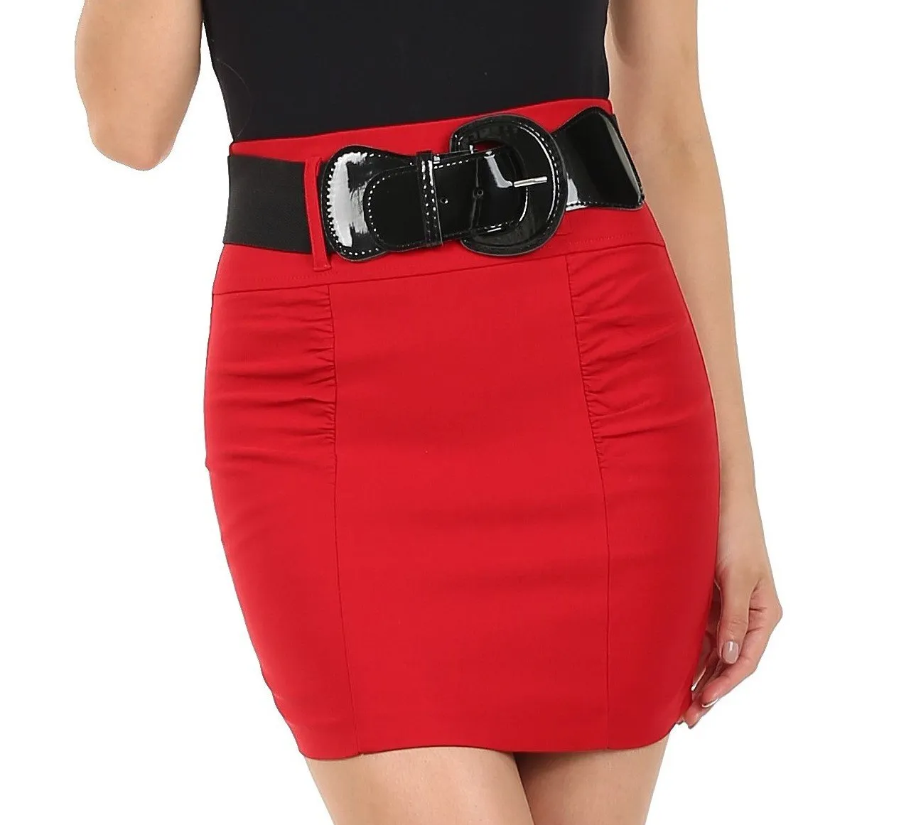 Sakkas Petite Shirred Stretch Pencil Short Skirt with Wide Belt