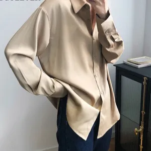 Satin Shirts Long Sleeve Turn Down Collar Elegant Office Ladies Workwear