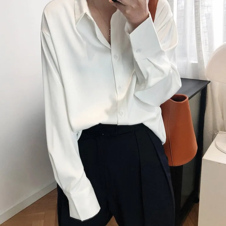 Satin Shirts Long Sleeve Turn Down Collar Elegant Office Ladies Workwear