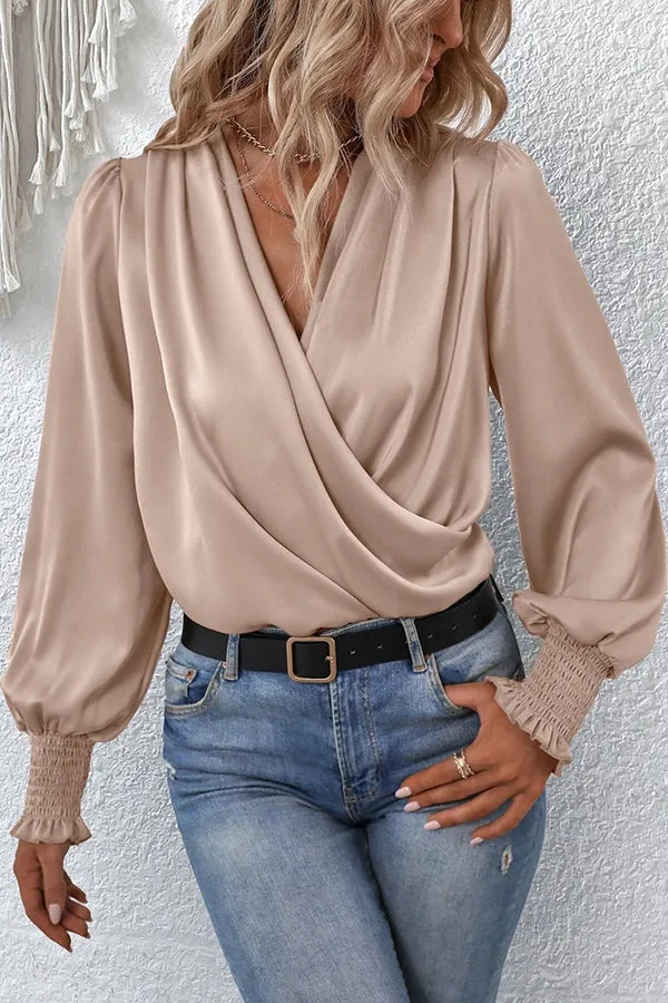 Satin Solid Color V-neck Lantern Sleeve Elegant Loose Shirt