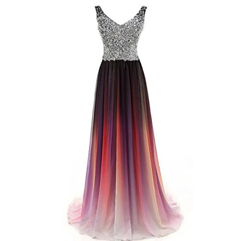 sd-hk Gradient Formal Evening Gowns Beaded Ombre Chiffon Long Prom Dresses