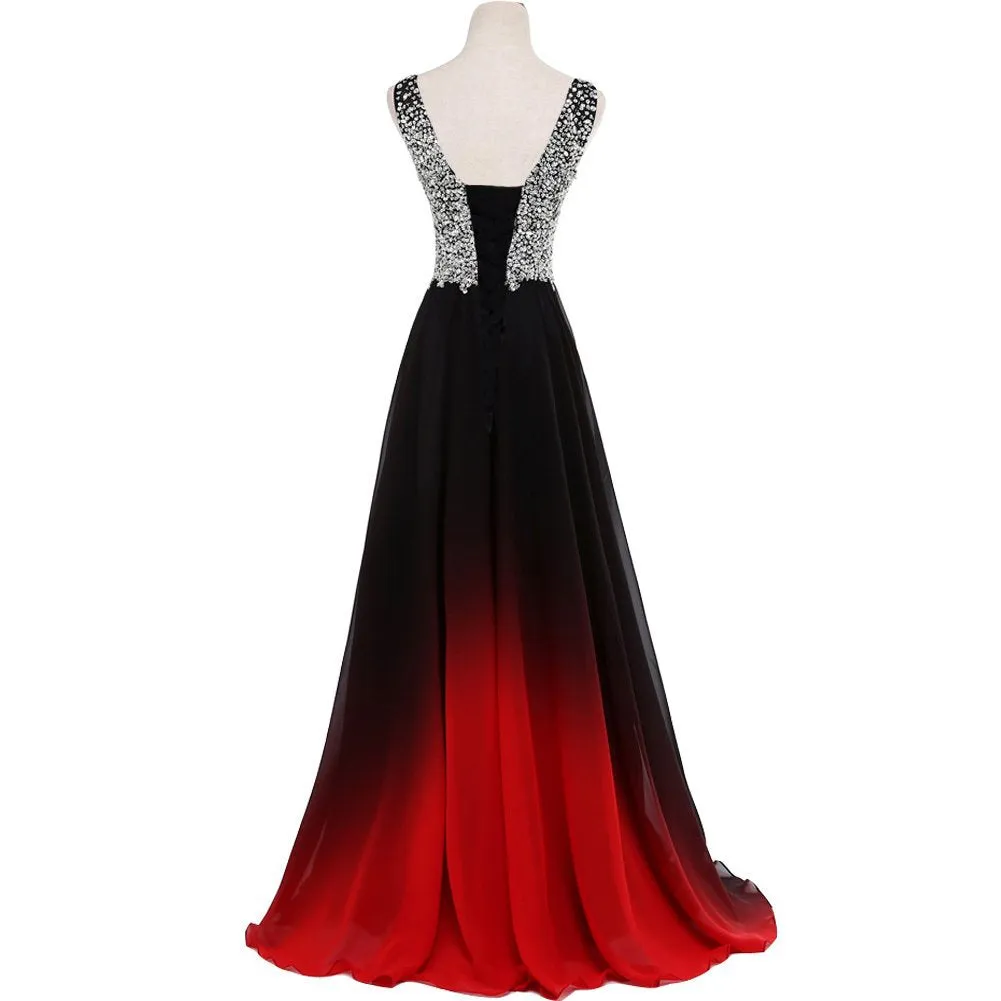 sd-hk Gradient Formal Evening Gowns Beaded Ombre Chiffon Long Prom Dresses