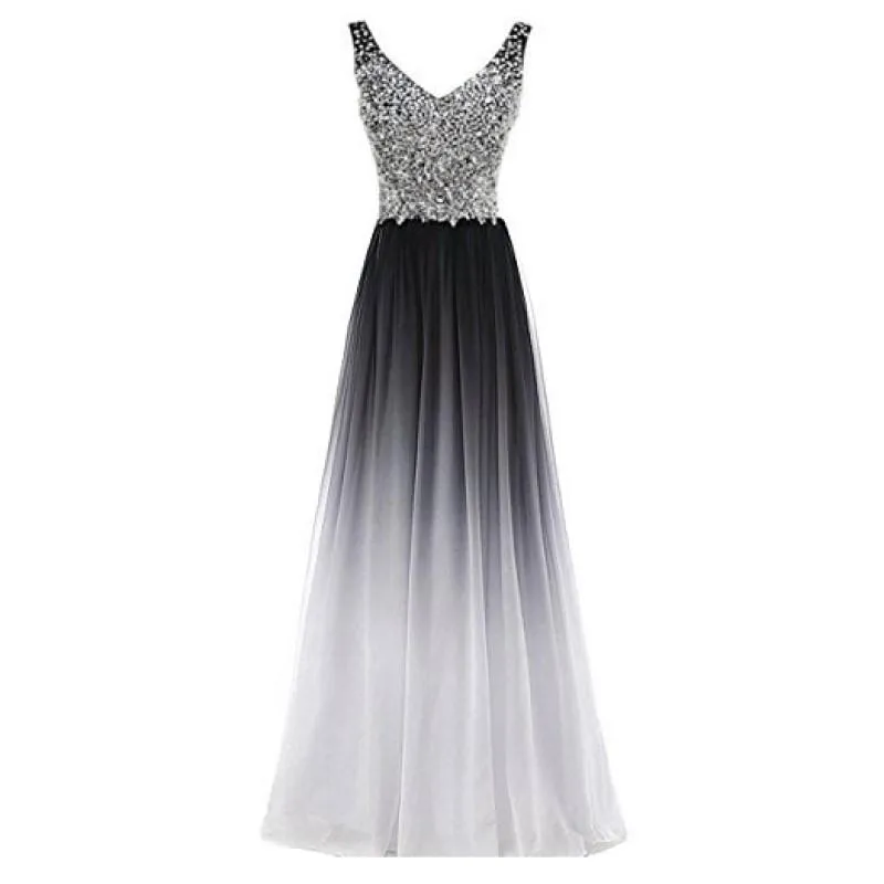 sd-hk Gradient Formal Evening Gowns Beaded Ombre Chiffon Long Prom Dresses