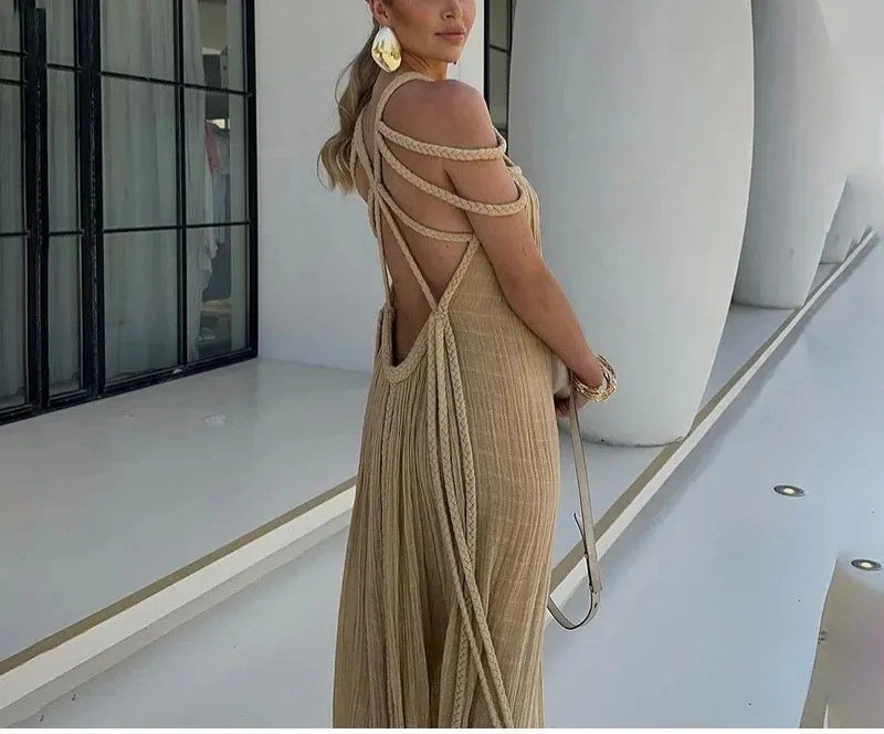 Sexy Khaki Backless Strappy Maxi Dress