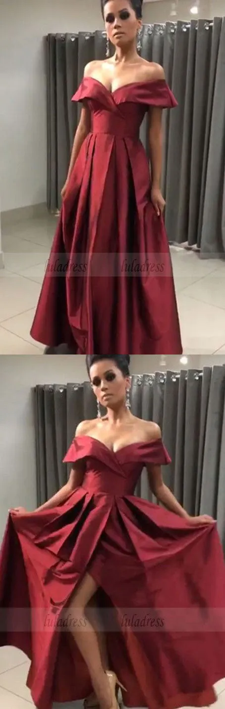 Sexy Off The Shoulder Long Satin Prom Dresses V-neck Evening Gowns