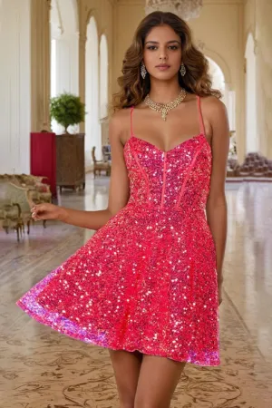 Sparkly Fuchsia Sequin Spaghetti Straps Homecoming Dresses