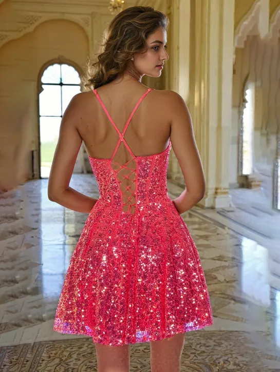 Sparkly Fuchsia Sequin Spaghetti Straps Homecoming Dresses