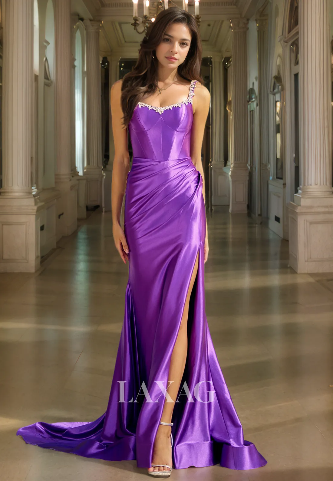 Straps Beaded Sleek Satin Party Prom Formal Evening Dress with Slit and Train