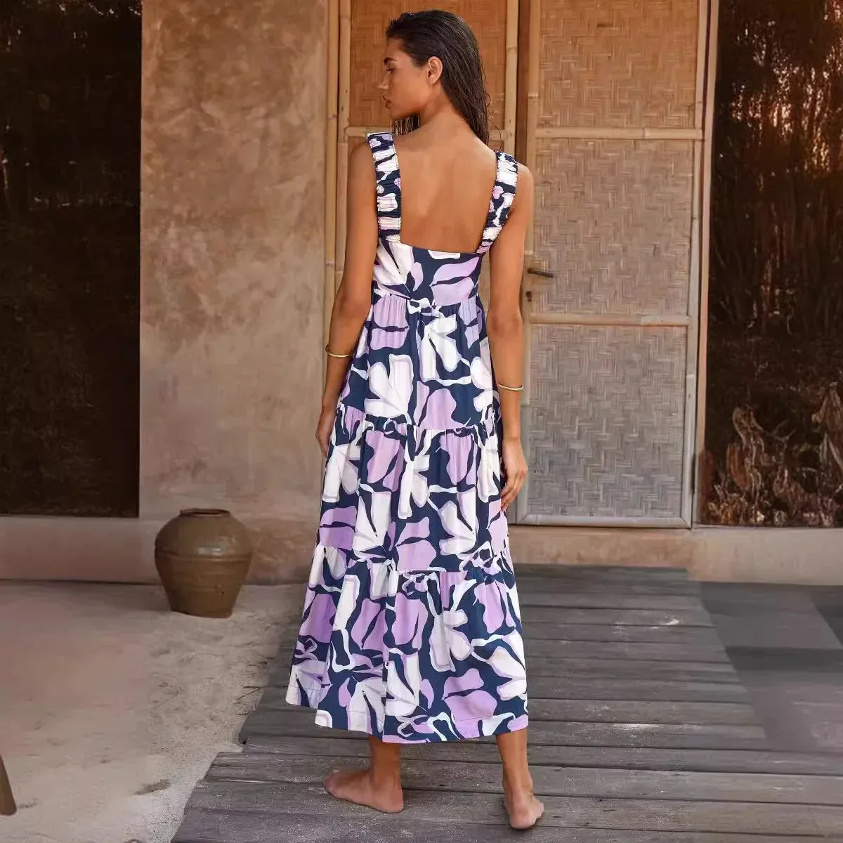 Summer Pleated Beach Holiday Strap Elegant A-Line Floral Printed Maxi Dress for Women