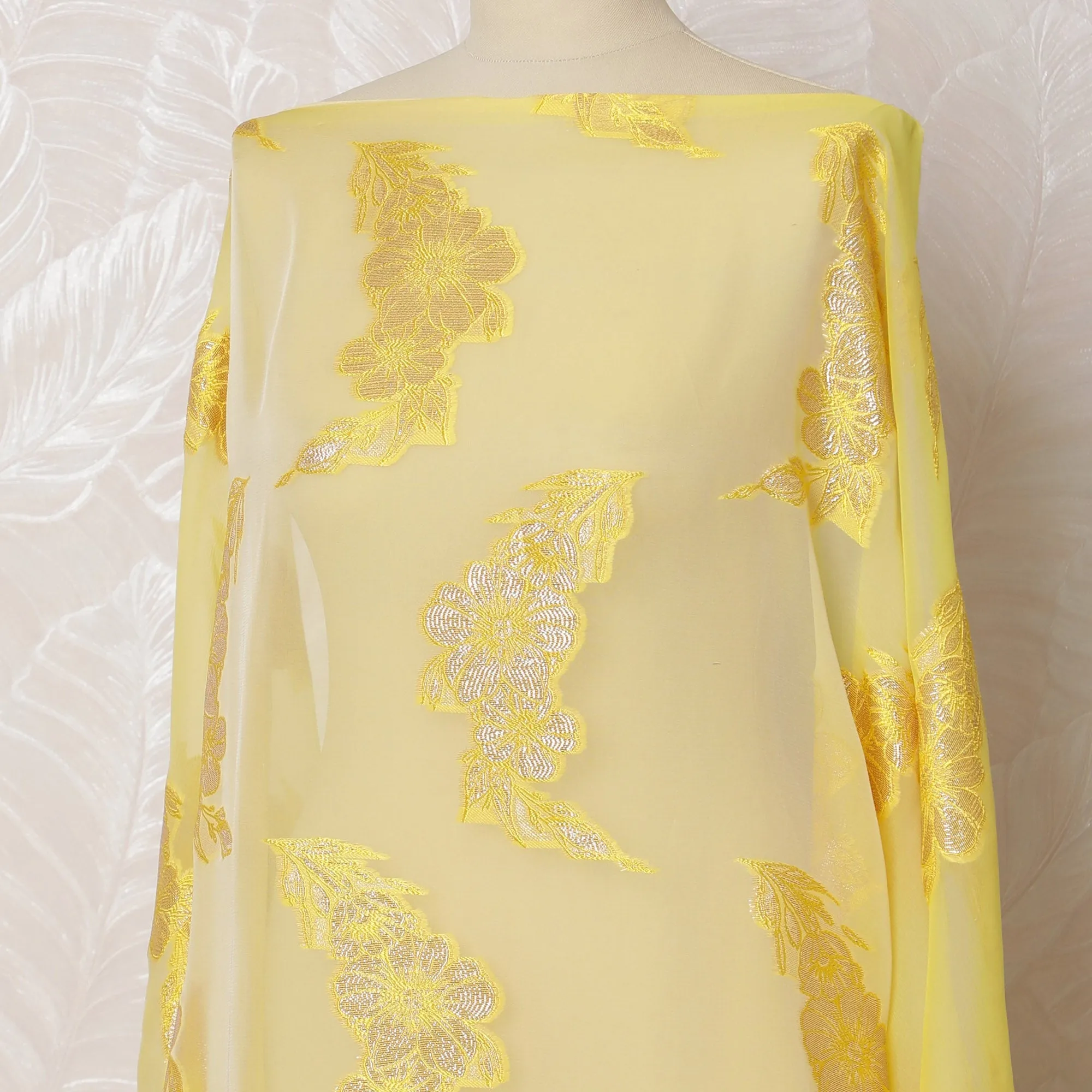 Sunshine Yellow French Silk Chiffon Fabric with Gold Embroidery, Traditional Somali Dirac - 140 cm Width, 3.5 Meters-D20146