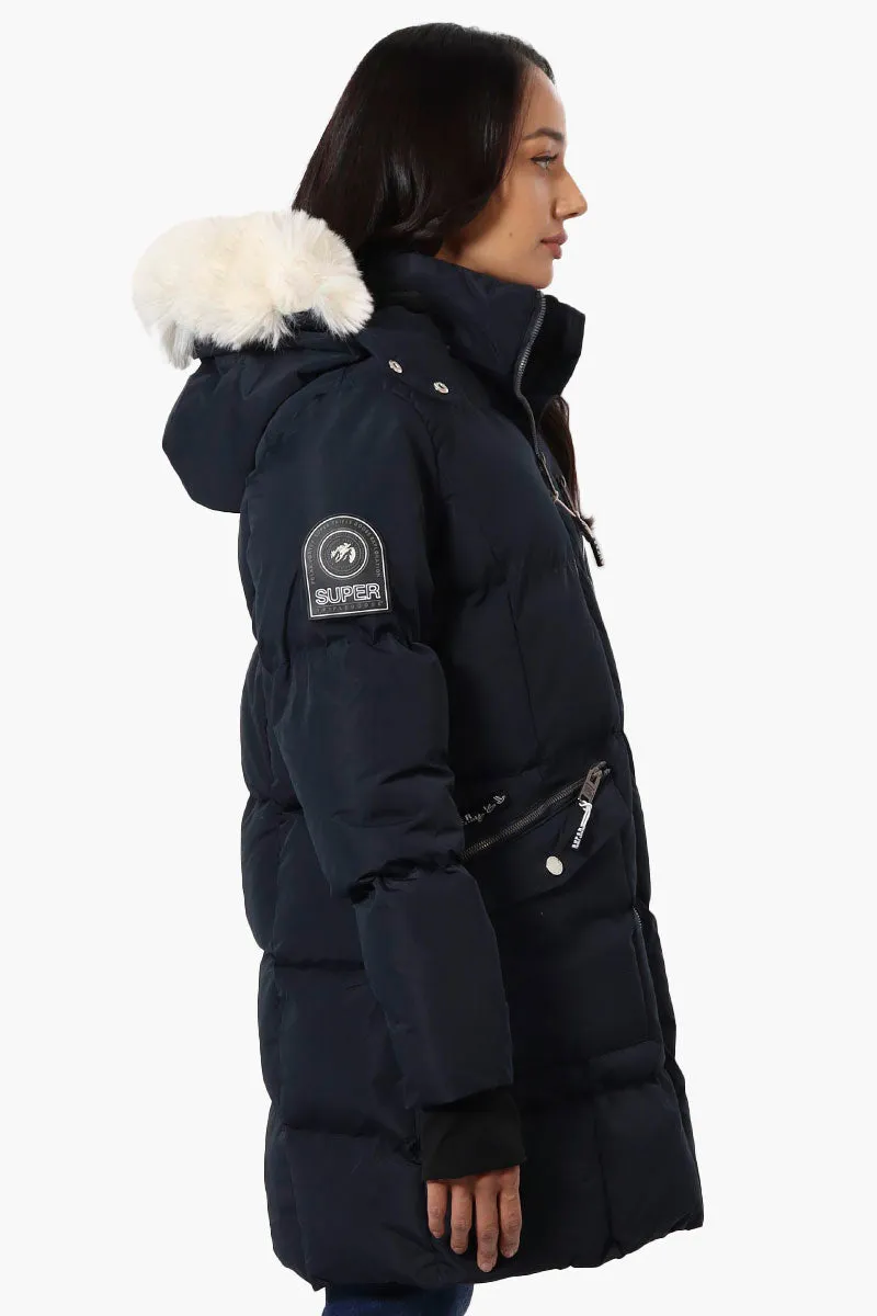 Super Triple Goose Faux Fur Thumb Hole Parka Jacket - Navy