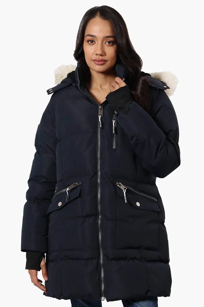 Super Triple Goose Faux Fur Thumb Hole Parka Jacket - Navy