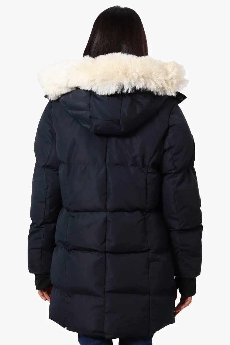 Super Triple Goose Faux Fur Thumb Hole Parka Jacket - Navy