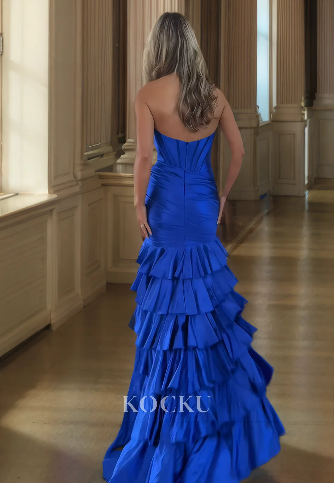 Sweetheart Mermaid Stripe Sleeveless High Split Pleated Satin Prom Dress with Train Evening Dress