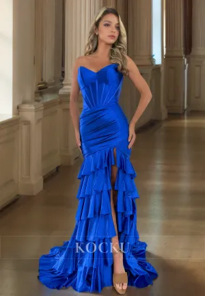 Sweetheart Mermaid Stripe Sleeveless High Split Pleated Satin Prom Dress with Train Evening Dress