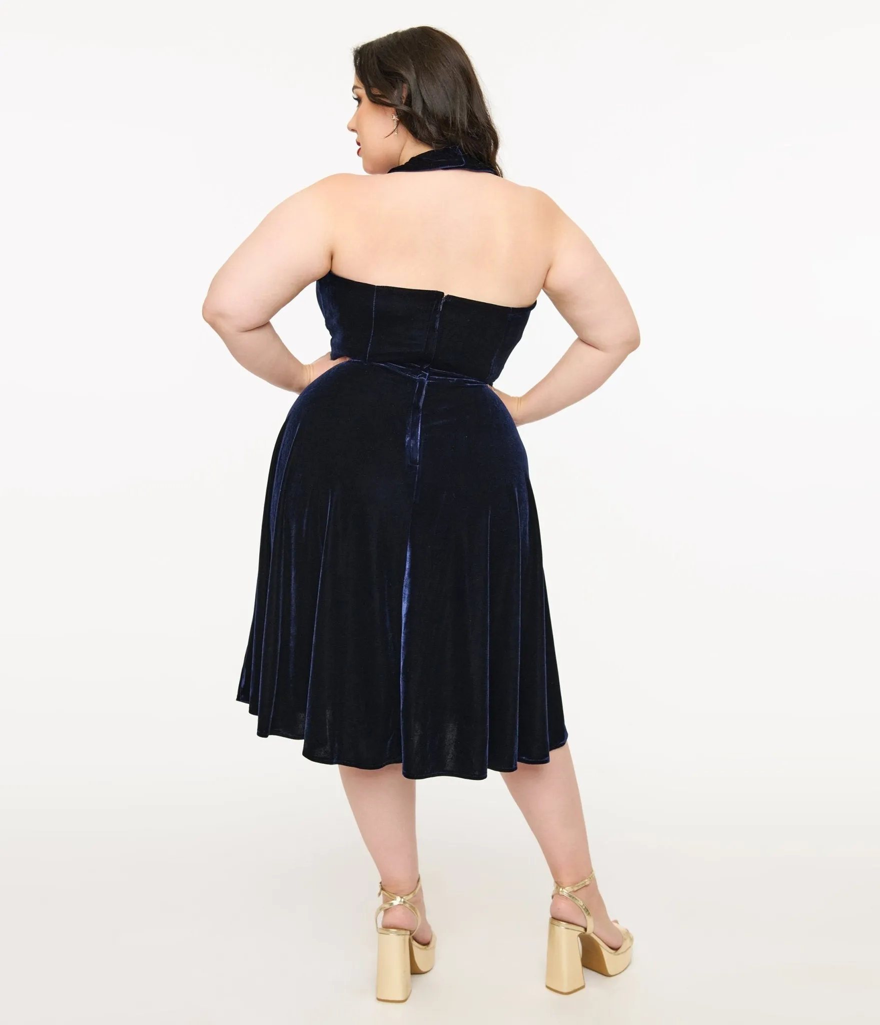 Unique Vintage Plus Size 1950s Navy Velvet Criss Cross Halter Rita Flare Dress