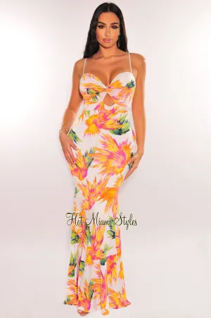 White Multicolor Tropical Print Spaghetti Strap Knotted Cut Out Mermaid Dress