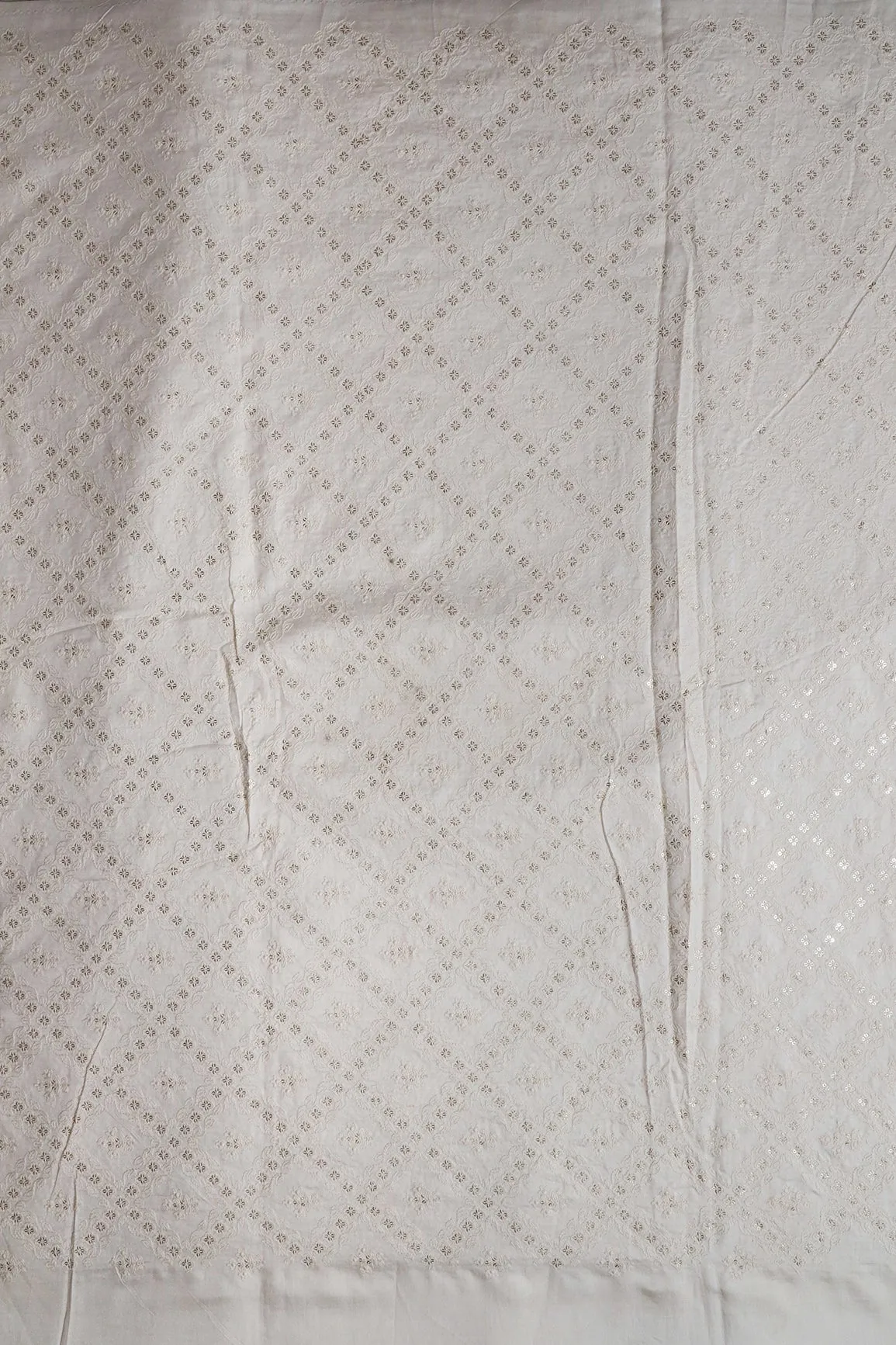 White Thread With Gold Sequins Checks Embroidery On Off White Pure Silk Satin Fabric