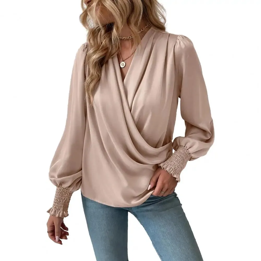 Women Color Top Silky Texture Lantern Sleeve Elegant V-neck Blouse