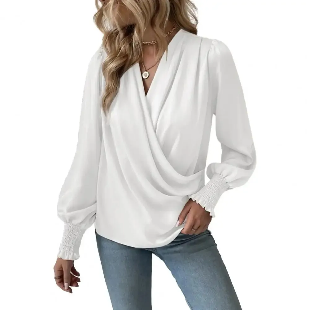 Women Color Top Silky Texture Lantern Sleeve Elegant V-neck Blouse