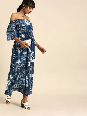 Women Navy Blue Bohemian Printed Strapless Cotton Maxi Dress