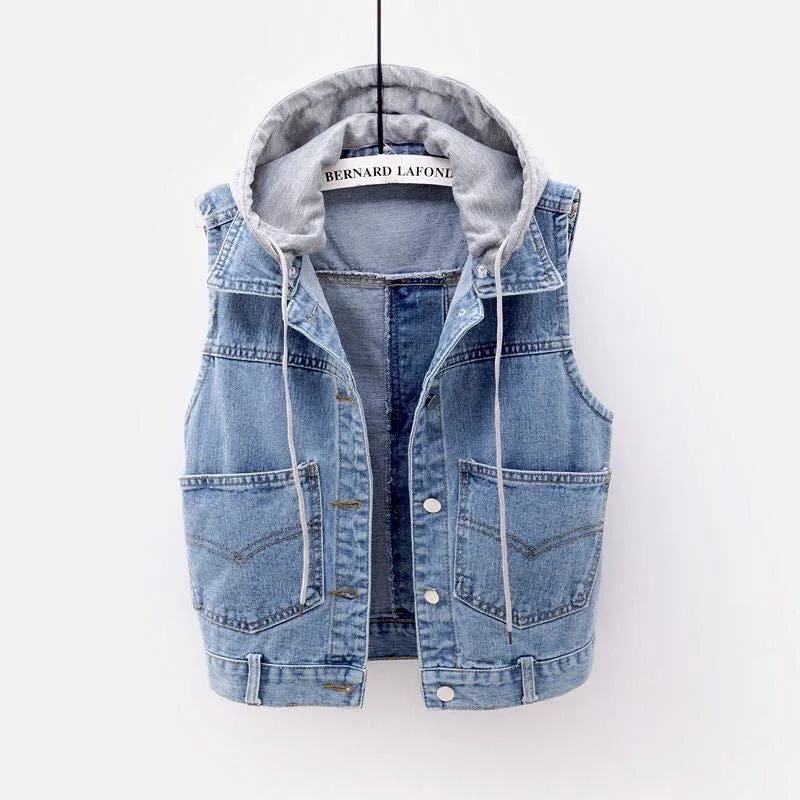 Women's Fashion Sleeveless Denim Jacket Cowboy Coats Soft Hooded Warm Outwear