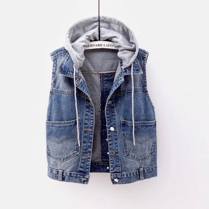 Women's Fashion Sleeveless Denim Jacket Cowboy Coats Soft Hooded Warm Outwear