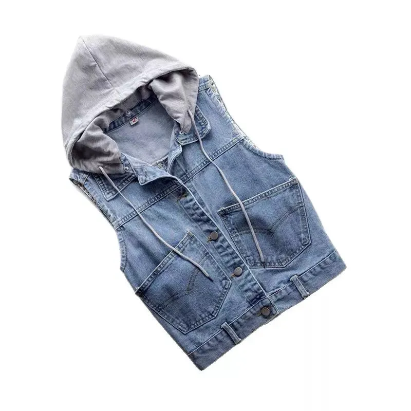 Women's Fashion Sleeveless Denim Jacket Cowboy Coats Soft Hooded Warm Outwear